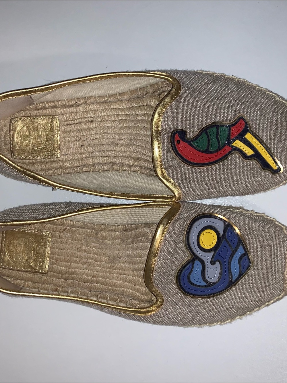 Tory Burch Gold-Trim Beige Espadrilles with Multicolor Patches